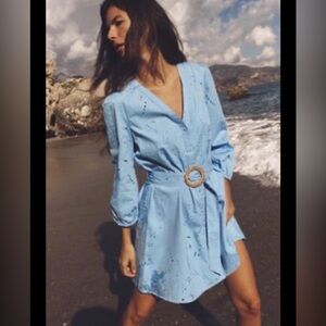 Zara Light Blue Eyelet V-Neck Belted Mini Dress